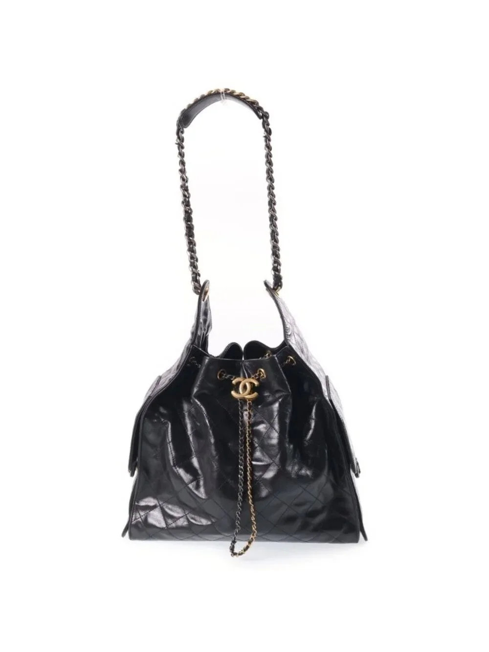 Chanel 25 Small Chain Shoulder Bag Black Caviar Leather Gold Silver